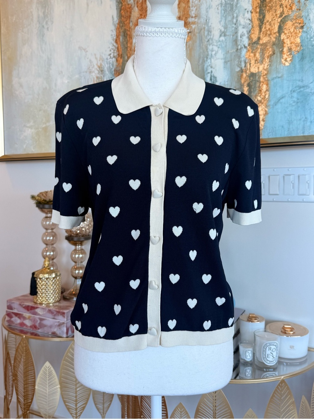 Navy blue cardigan with Cream Heart Print